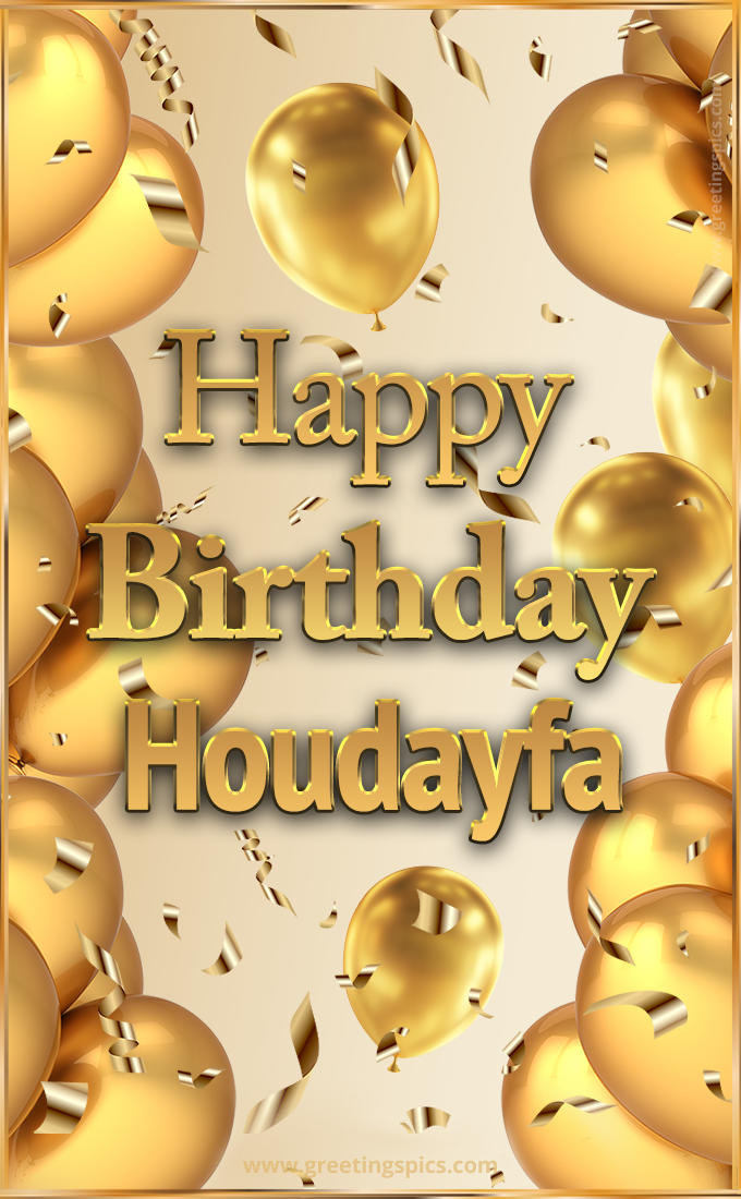 Happy Birthday Houdayfa Card with golden confetti and balloons (tall rectangle shape picture)