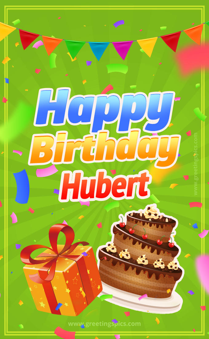 Happy Birthday Hubert picture with flags, chocolate cake and gift box (tall rectangle shape picture)