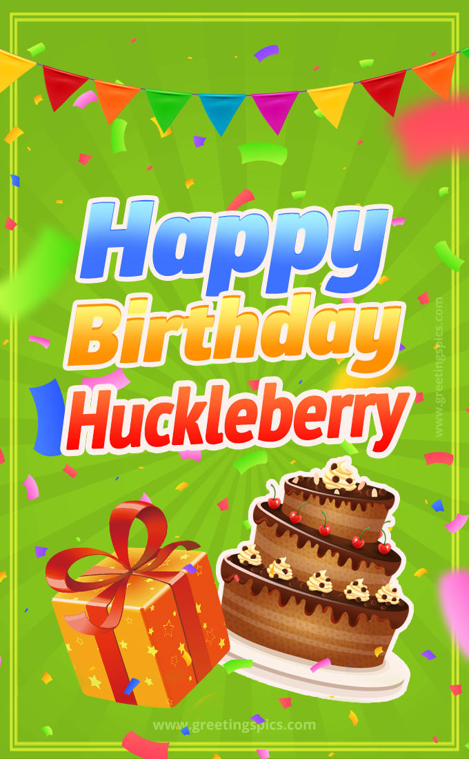 Happy Birthday Huckleberry picture with flags, chocolate cake and gift box (tall rectangle shape picture)