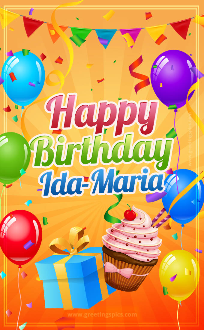 Happy Birthday Ida-Maria eCard with gift box and cupcake (tall rectangle shape picture)