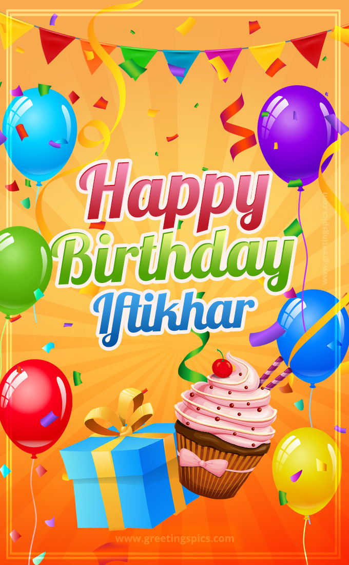 Happy Birthday Iftikhar eCard with gift box and cupcake (tall rectangle shape picture)