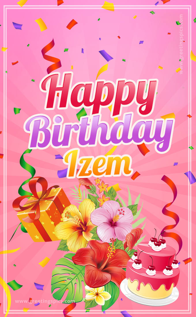 Beautiful Birthday Card for Izem with Cake and bouquet of flowers (tall rectangle shape picture)