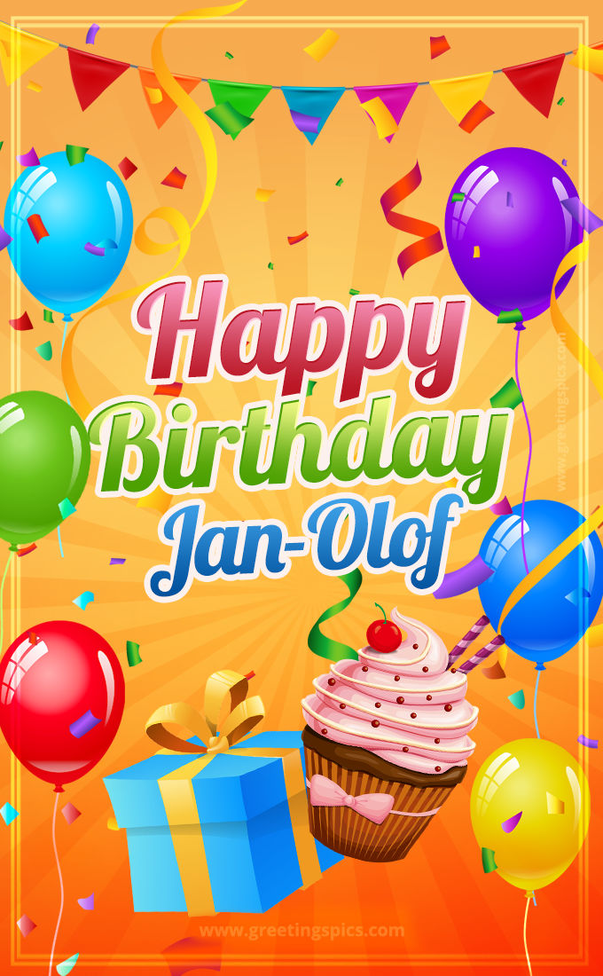 Happy Birthday Jan-Olof eCard with gift box and cupcake (tall rectangle shape picture)