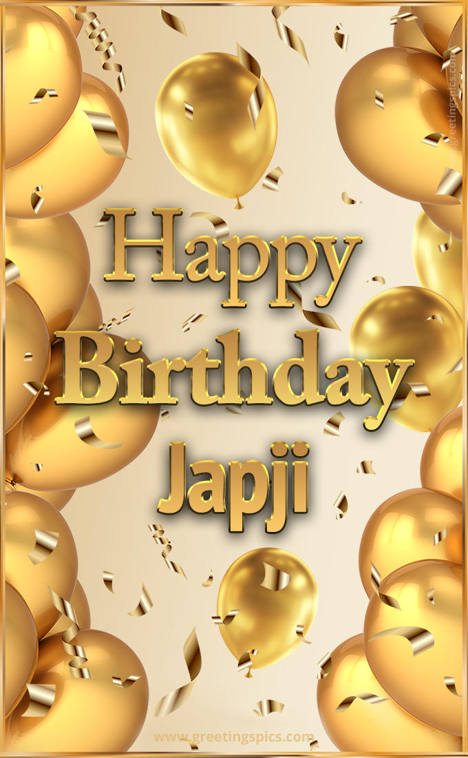 Happy Birthday Japji Card with golden confetti and balloons (tall rectangle shape picture)