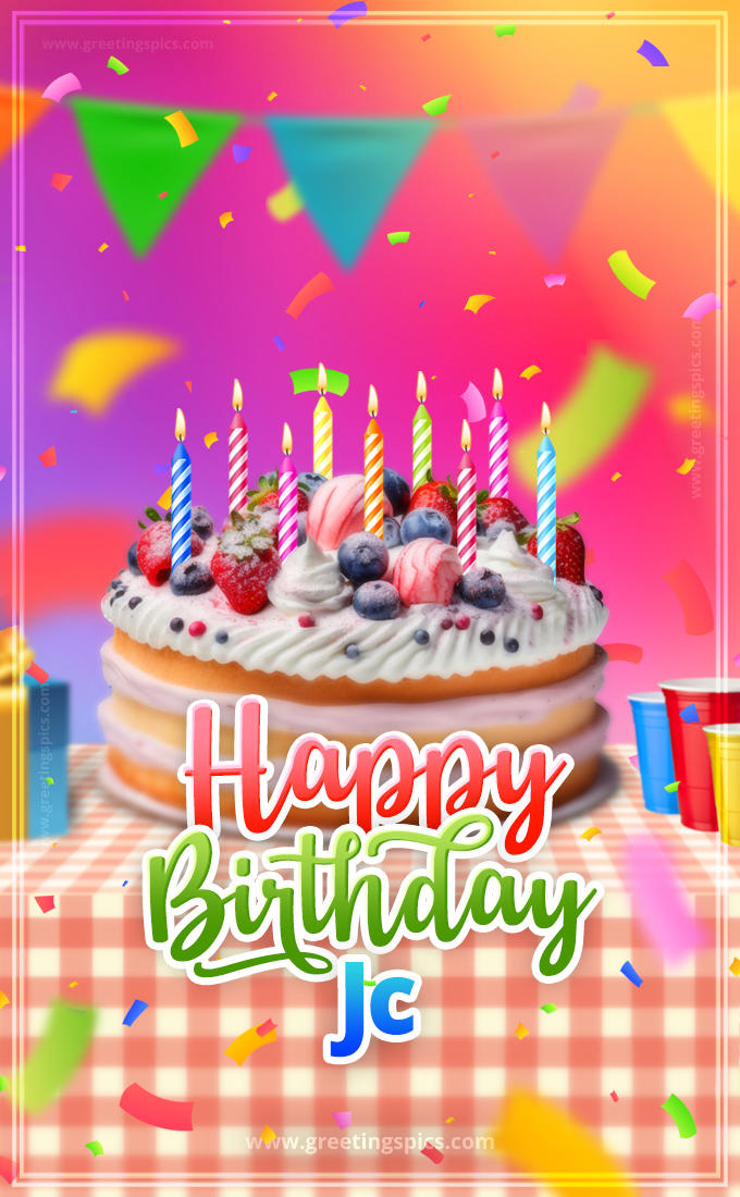 Happy Birthday Jc Colorful Image with fruit cake and candles (tall rectangle shape picture)