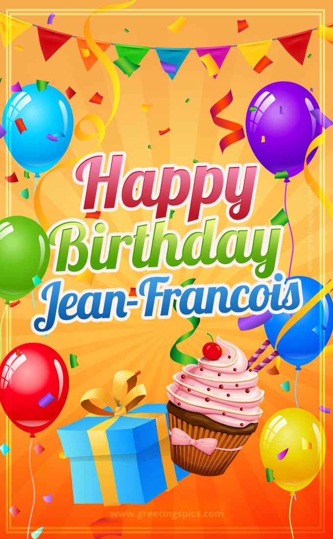 Happy Birthday Jean-Francois eCard with gift box and cupcake (tall rectangle shape picture)