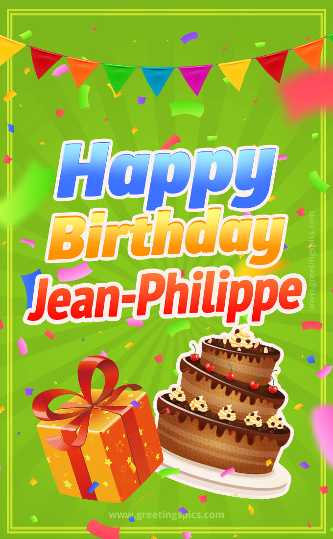 Happy Birthday Jean-Philippe picture with flags, chocolate cake and gift box (tall rectangle shape picture)