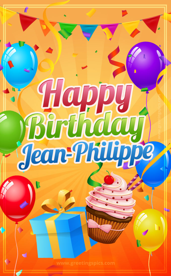 Happy Birthday Jean-Philippe eCard with gift box and cupcake (tall rectangle shape picture)