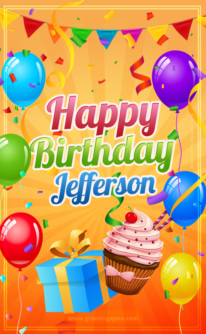 Happy Birthday Jefferson eCard with gift box and cupcake (tall rectangle shape picture)