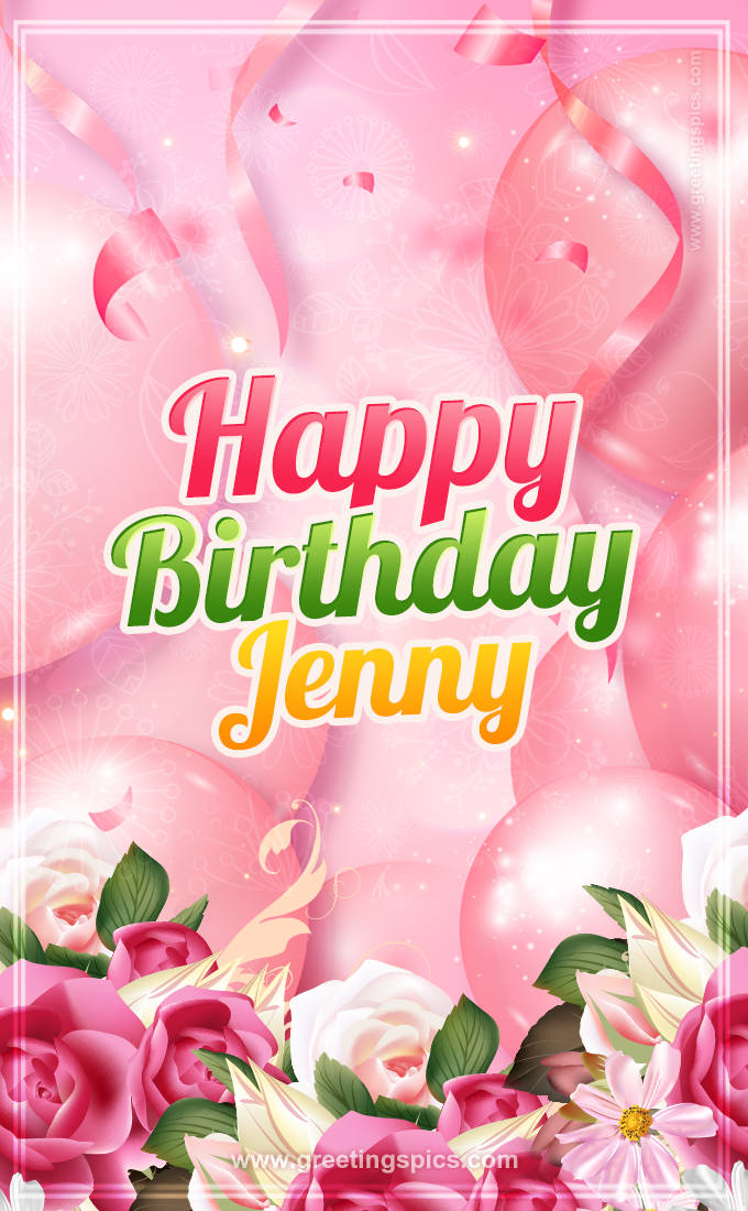 Image with gentle pink background and flowers Happy Birthday Jenny (tall rectangle shape picture)