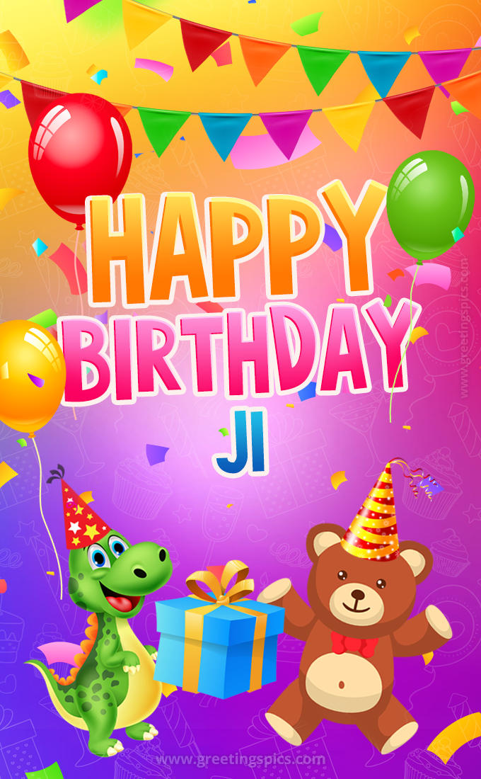 Happy Birthday Ji Image for a child with cute dinosaur and bear (tall rectangle shape picture)