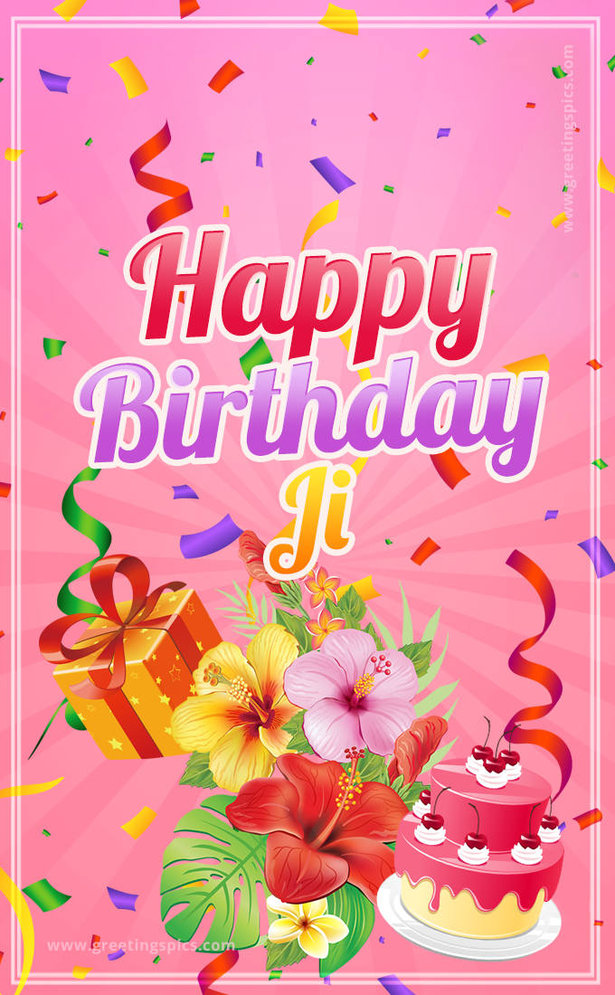 Beautiful Birthday Card for Ji with Cake and bouquet of flowers (tall rectangle shape picture)