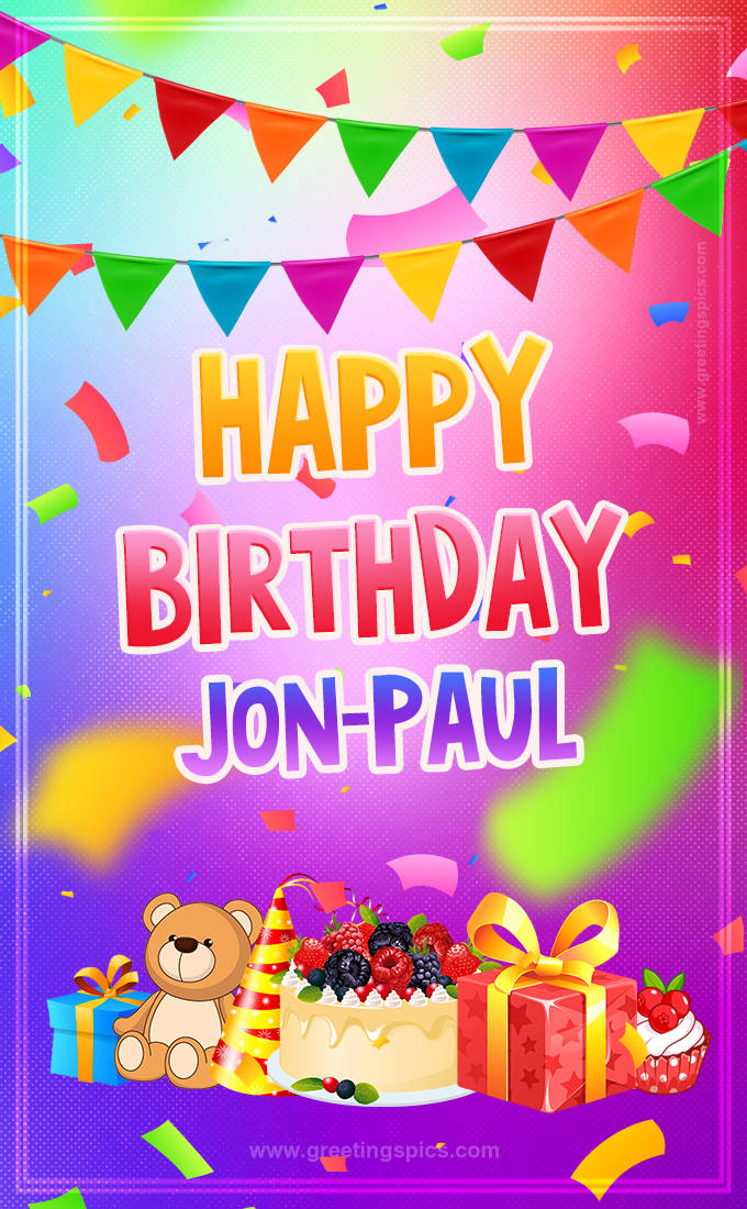 Bright card with Wishes for a Happy Birthday for Jon-Paul (tall rectangle shape picture)