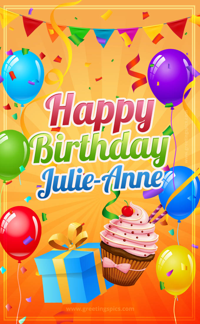 Happy Birthday Julie-Anne eCard with gift box and cupcake (tall rectangle shape picture)