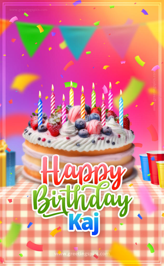 Happy Birthday Kaj Colorful Image with fruit cake and candles (tall rectangle shape picture)