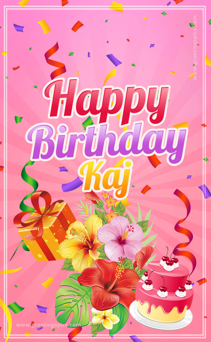 Beautiful Birthday Card for Kaj with pink background (tall rectangle shape picture)