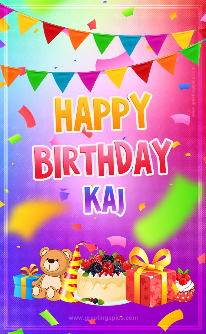 Bright card with Wishes for a Happy Birthday for Kaj (tall rectangle shape picture)