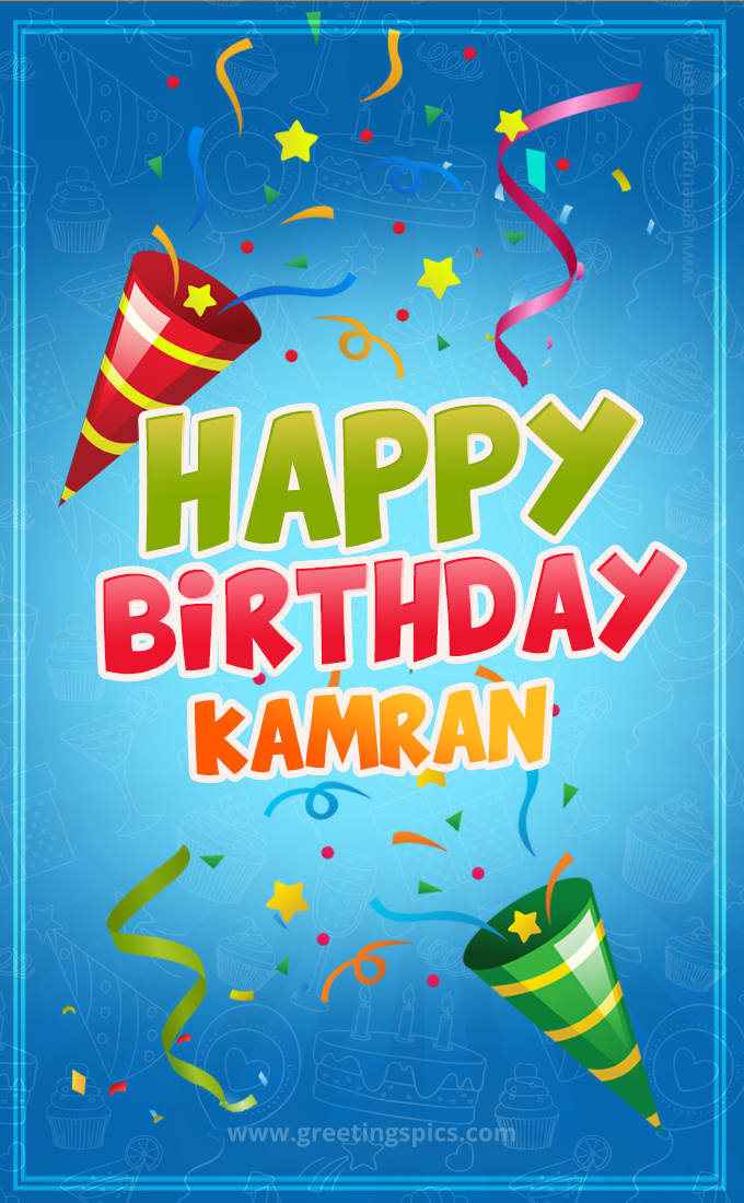 Happy Birthday Kamran picture with confetti and party poppers (tall rectangle shape picture)