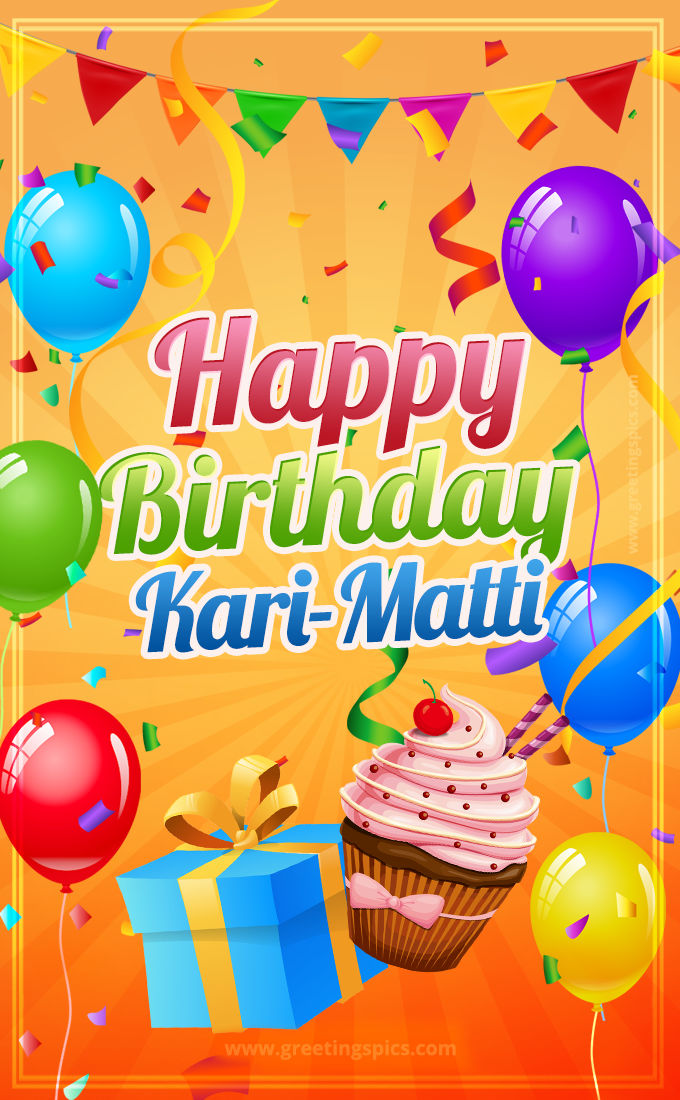 Happy Birthday Kari-Matti eCard with gift box and cupcake (tall rectangle shape picture)