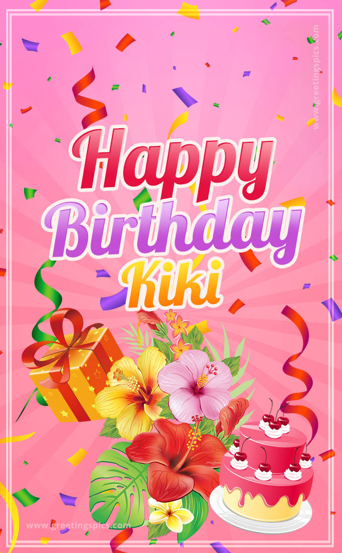 Beautiful Birthday Card for Kiki with Cake and bouquet of flowers (tall rectangle shape picture)