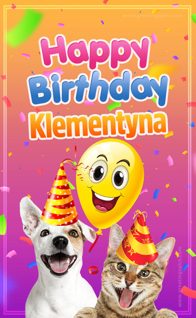 Happy Birthday Klementyna Funny Image with cat and dog (tall rectangle shape picture)