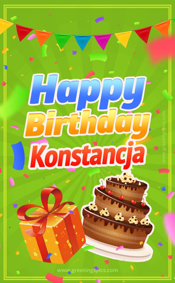 Happy Birthday Konstancja picture with flags, chocolate cake and gift box (tall rectangle shape picture)