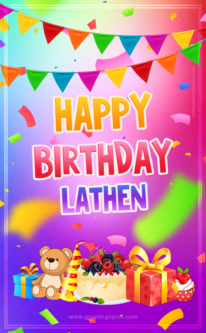 Bright card with Wishes for a Happy Birthday for Lathen (tall rectangle shape picture)