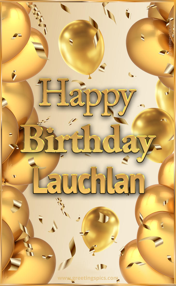Happy Birthday Lauchlan Card with golden confetti and balloons (tall rectangle shape picture)