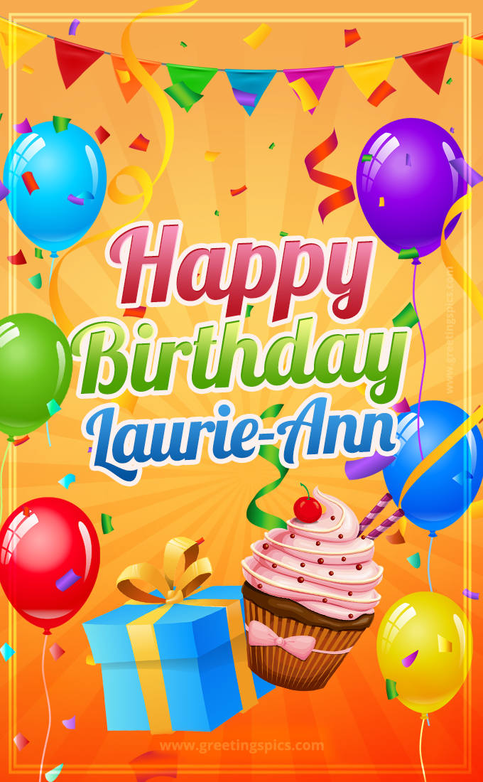 Happy Birthday Laurie-Ann eCard with gift box and cupcake (tall rectangle shape picture)