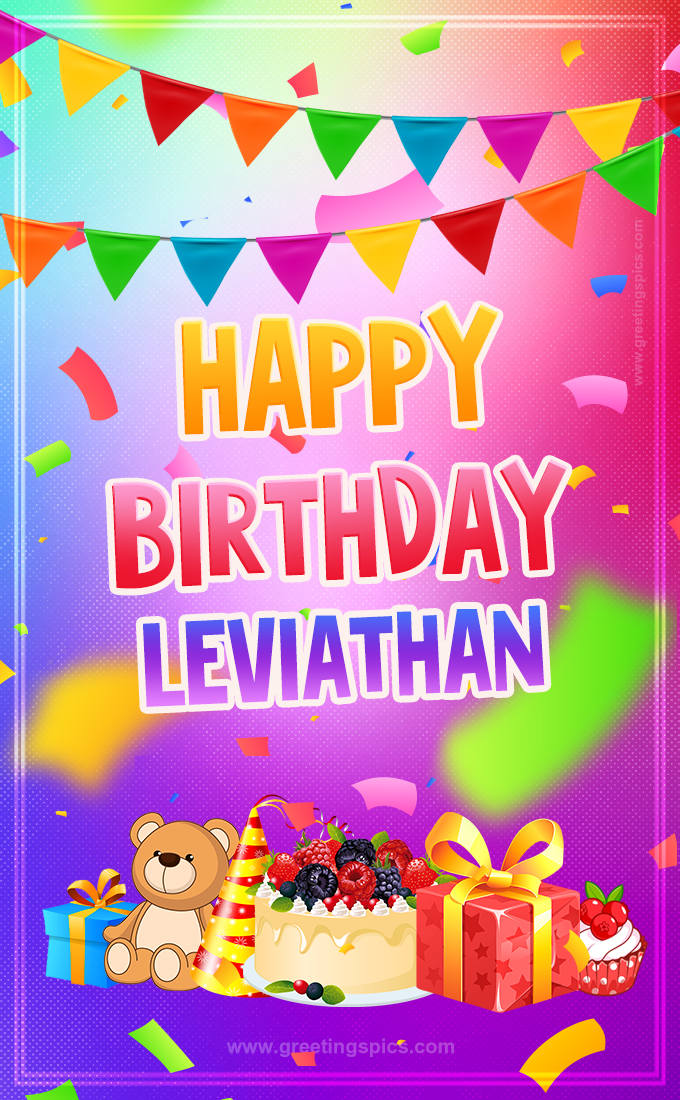 Bright card with Wishes for a Happy Birthday for Leviathan (tall rectangle shape picture)