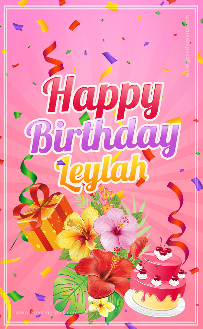 Beautiful Birthday Card for Leylah with Cake and bouquet of flowers (tall rectangle shape picture)