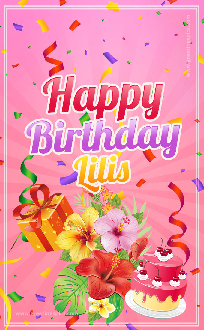 Beautiful Birthday Card for Lilis with Cake and bouquet of flowers (tall rectangle shape picture)