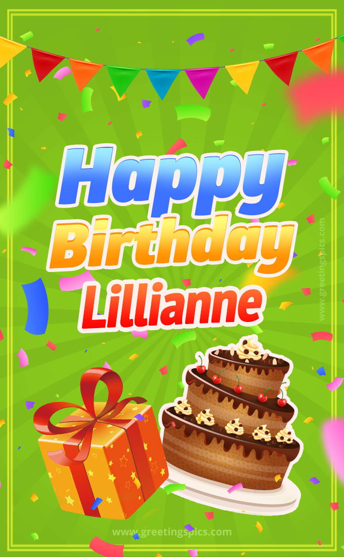 Happy Birthday Lillianne picture with flags, chocolate cake and gift box (tall rectangle shape picture)