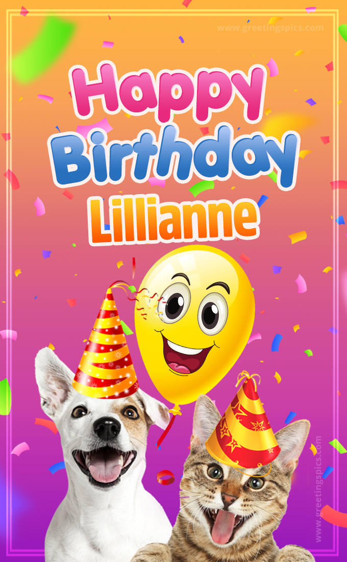 Happy Birthday Lillianne Funny Image with cat and dog (tall rectangle shape picture)