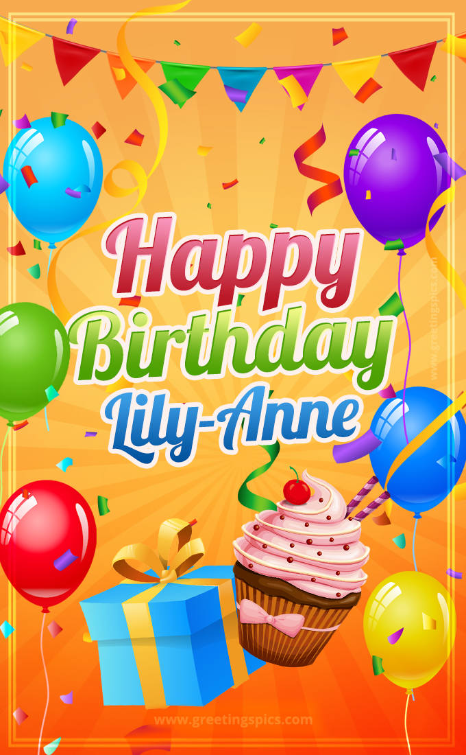 Happy Birthday Lily-Anne eCard with gift box and cupcake (tall rectangle shape picture)