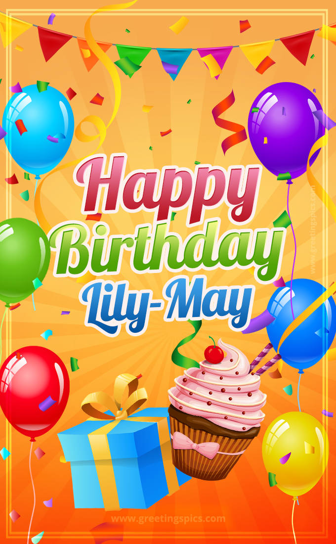 Happy Birthday Lily-May eCard with gift box and cupcake (tall rectangle shape picture)