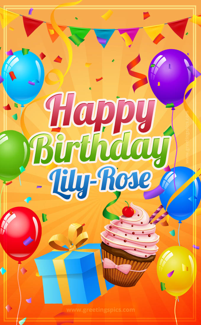 Happy Birthday Lily-Rose eCard with gift box and cupcake (tall rectangle shape picture)