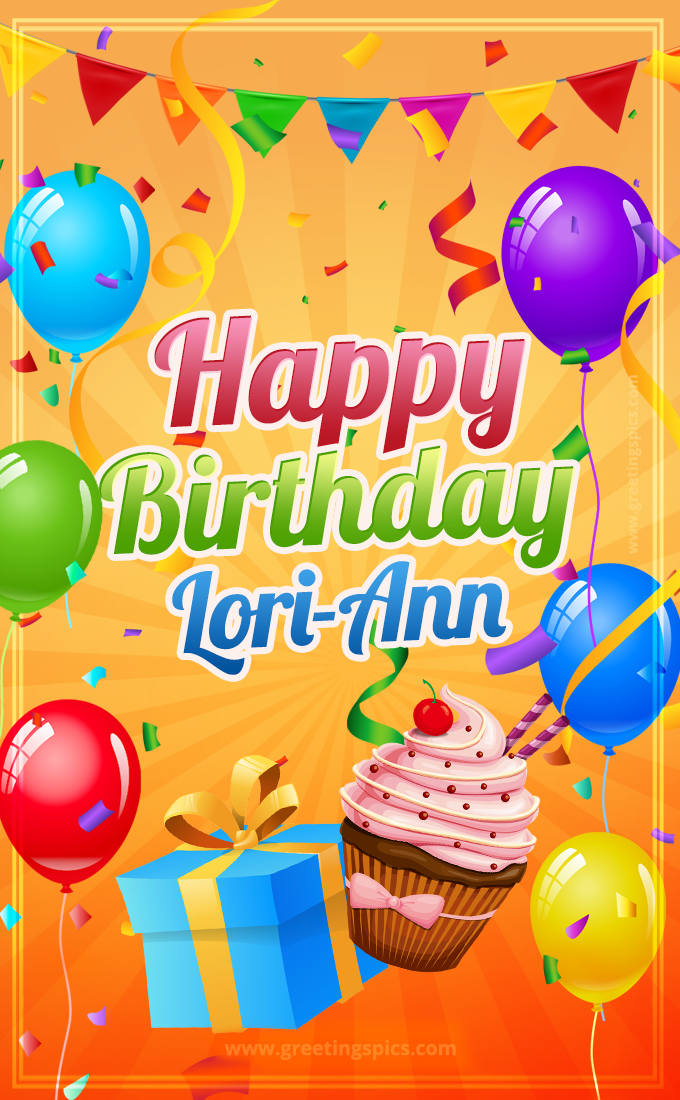 Happy Birthday Lori-Ann eCard with gift box and cupcake (tall rectangle shape picture)