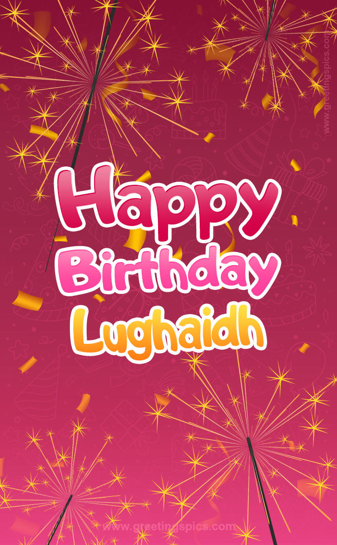 Happy Birthday Lughaidh Image with sparklers (tall rectangle shape picture)