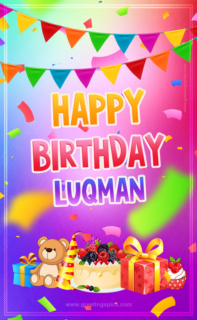 Bright card with Wishes for a Happy Birthday for Luqman (tall rectangle shape picture)