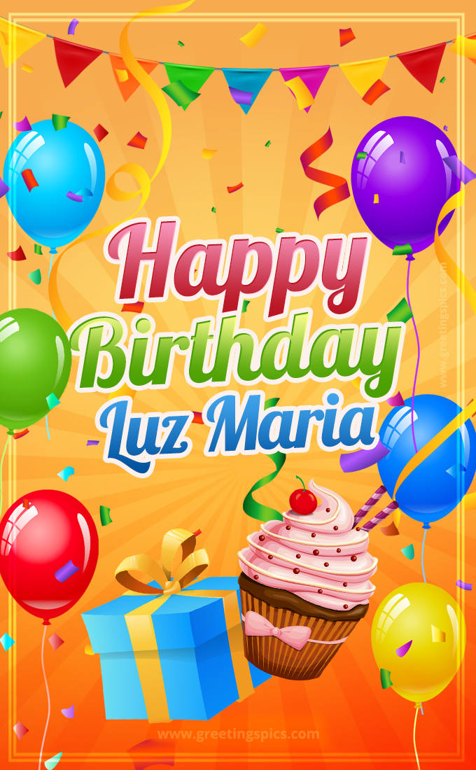 Happy Birthday Luz Maria eCard with gift box and cupcake (tall rectangle shape picture)