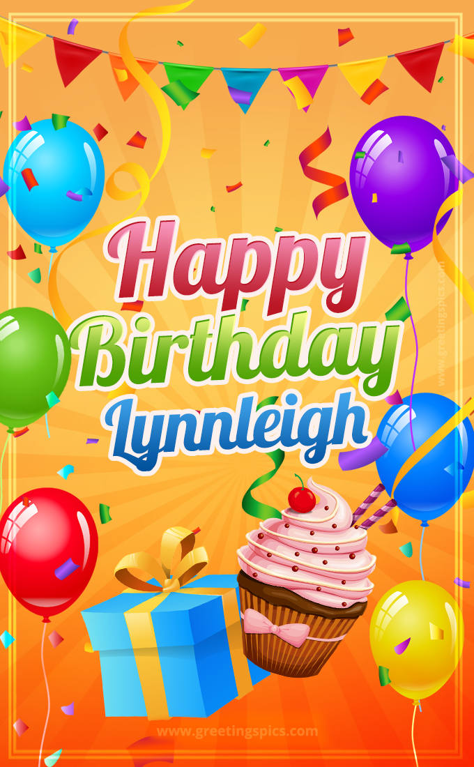 Happy Birthday Lynnleigh eCard with gift box and cupcake (tall rectangle shape picture)