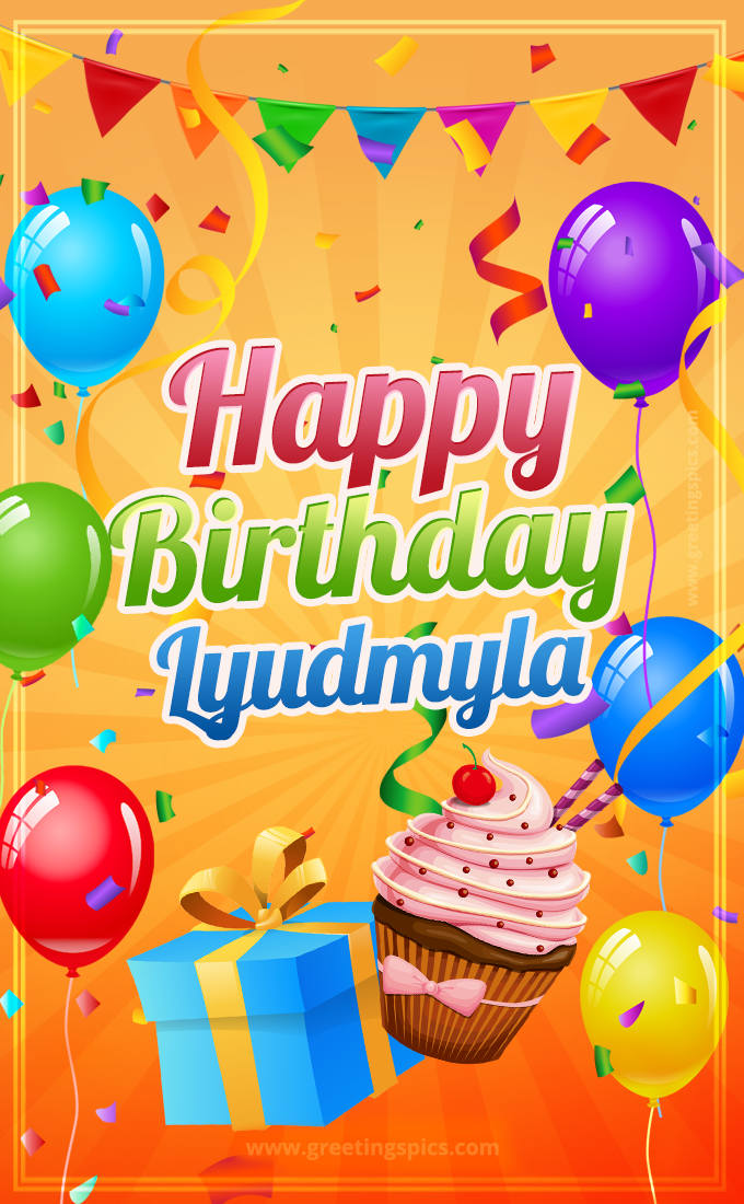 Happy Birthday Lyudmyla eCard with gift box and cupcake (tall rectangle shape picture)