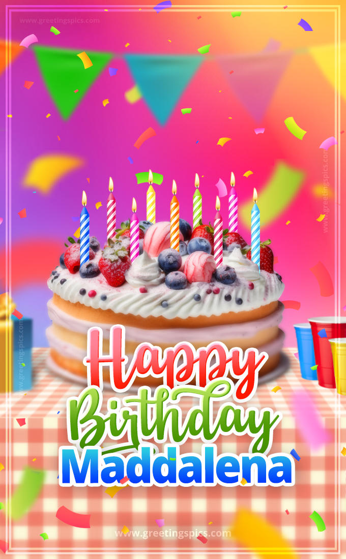 Happy Birthday Maddalena Colorful Image with fruit cake and candles (tall rectangle shape picture)