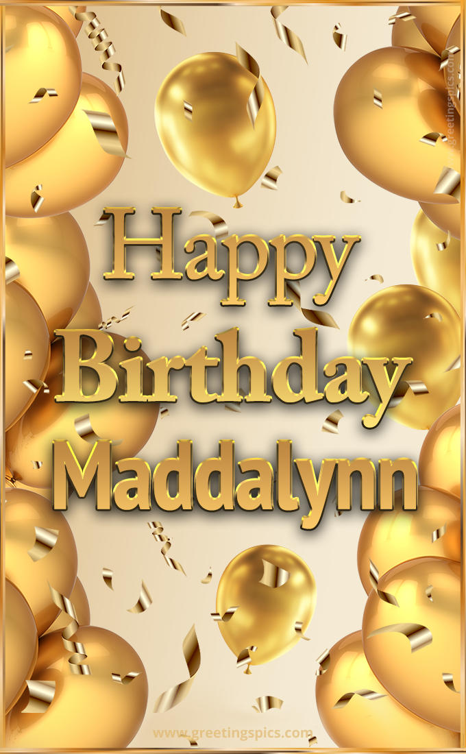 Happy Birthday Maddalynn Card with golden confetti and balloons (tall rectangle shape picture)