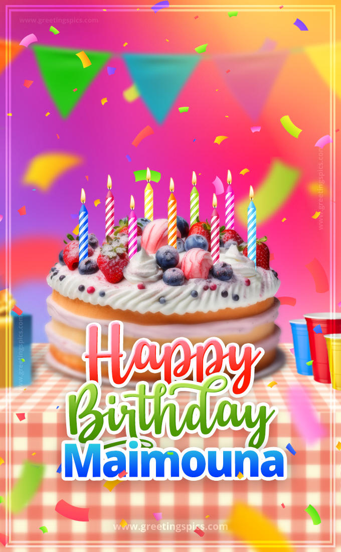 Happy Birthday Maimouna Colorful Image with fruit cake and candles (tall rectangle shape picture)