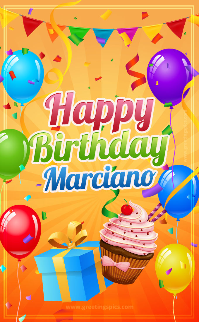 Happy Birthday Marciano eCard with gift box and cupcake (tall rectangle shape picture)