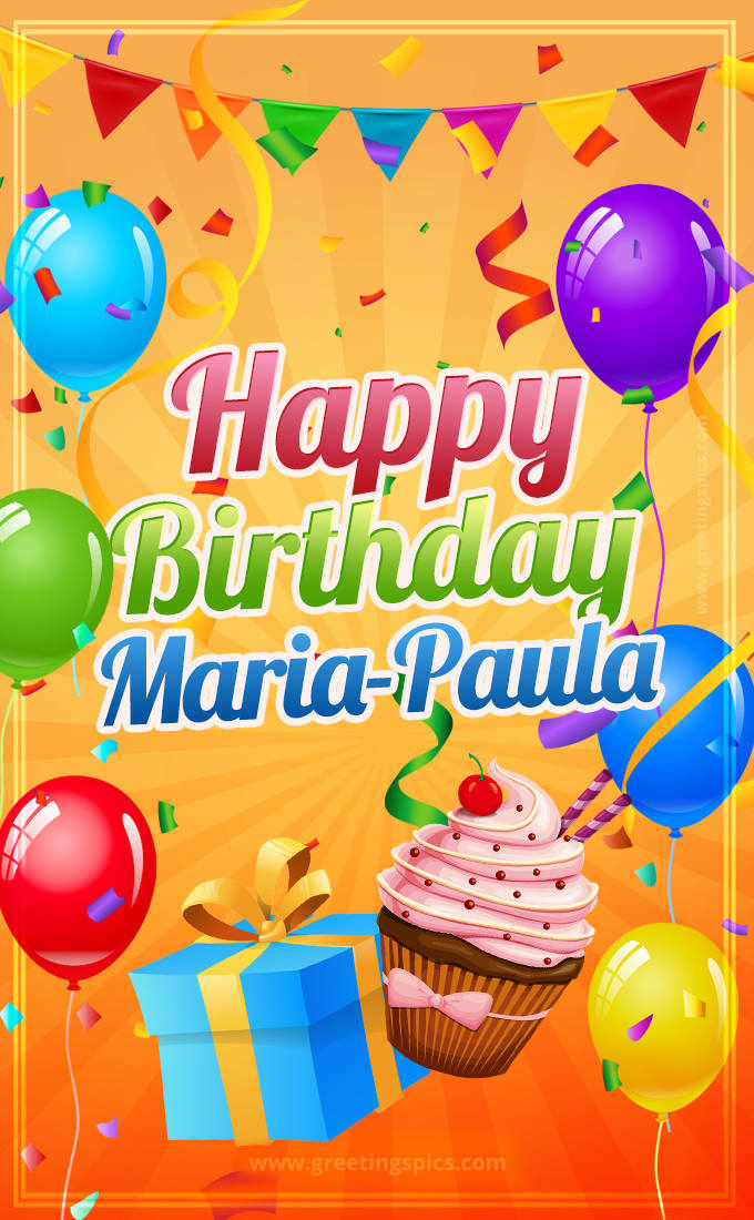 Happy Birthday Maria-Paula eCard with gift box and cupcake (tall rectangle shape picture)