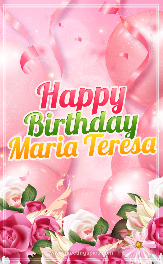 Image with gentle pink background and flowers Happy Birthday Maria Teresa (tall rectangle shape picture)