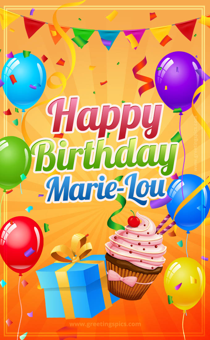 Happy Birthday Marie-Lou eCard with gift box and cupcake (tall rectangle shape picture)